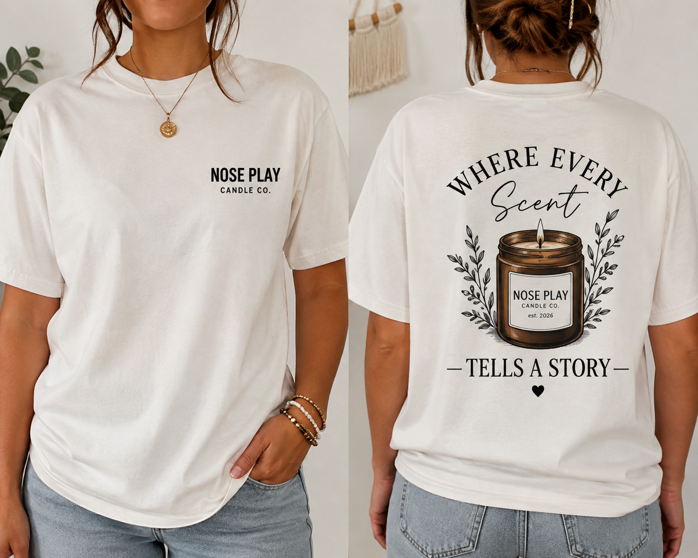 NOSE PLAY Candle CO Tee — “Where Every Scent Tells a Story” Graphic T-Shirt